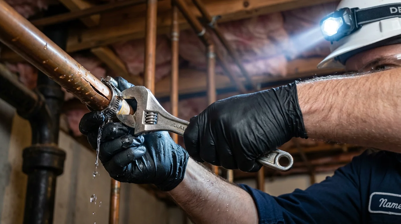 Emergency pipe clamp repair being performed by a Johns Plumbing LLC plumber in Macon