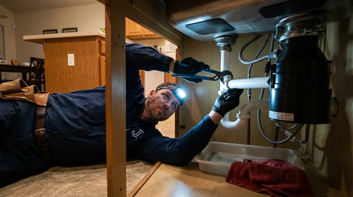 P-trap and supply line connections under a kitchen sink showing a common leak point in Macon, MO